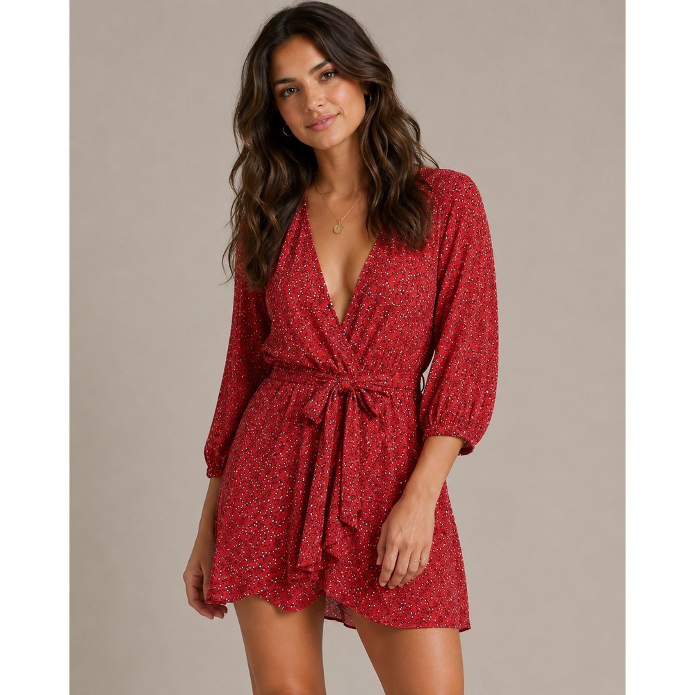 Free People Clara Red Floral Ditsy Mini Dress V-Neck Tie Front 3/4 Sleeve Medium